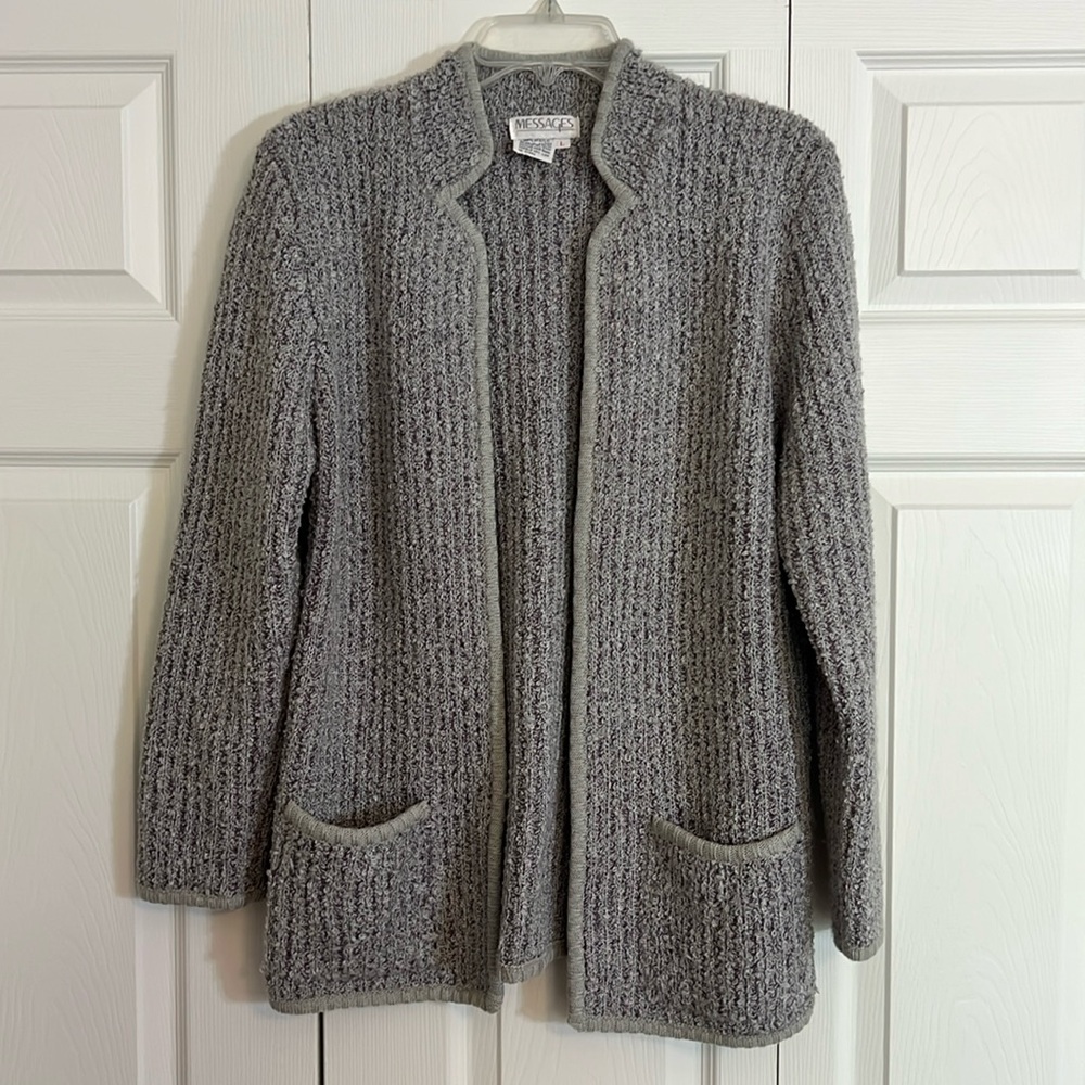 Vintage Cardigan Messages Brand Size Large Grandma Sweater Grey Purple J1
